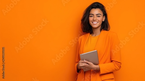 Woman with tablet on orange background
