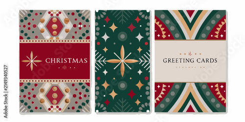Set of three christmas greeting cards with geometric patterns and festive color schemes vector illustration abstract design annual celebration background card decoration eve