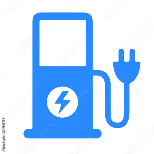Electric vehicle charging station icon blue vector EV charger plug symbol isolated on white background