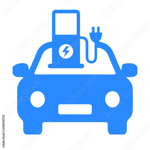 Electric car with charging station blue vector icon EV vehicle plug symbol isolated on white background