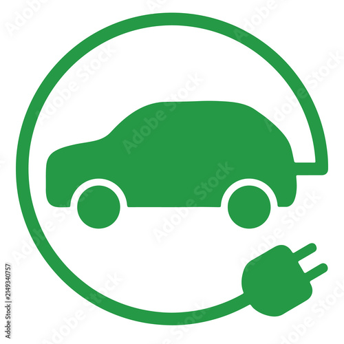 Green Electric Vehicle Car Icon with Plug Cable for EV Charging Station