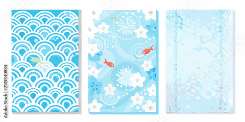 Set of three vertical japanese summer greeting cards with wave floral and dotted patterns pattern ornament sea waves water ocean design flower blossom