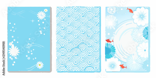 Set of three vertical japanese summer greeting cards with floral and wave patterns on a white background asian style blue tone card celebration circular design collection