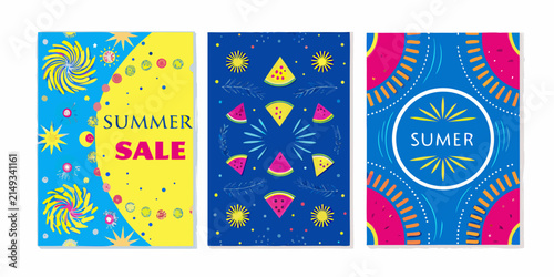 Floral ornament and fruit pattern with summer sale text on vibrant square banners vector illustration watermelon slice citrus tropical spiral design radiant geometric