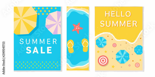 Three vibrant flat vector summer banners featuring parasols flip flops and beach balls on a yellow background illustration design parasol umbrella flip flops sandals