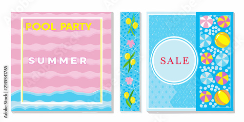 Three summer sale poster designs featuring floral and wave patterns with text on a white background design pattern beach party pool promotion discount
