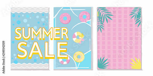 Summer sale themed vector illustrations with beach balls donuts and palm fronds against pastel backgrounds ball donut frond leaf promotion colors illustration digital