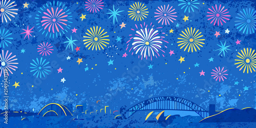 Colorful fireworks display vector illustration with a cityscape silhouette against a deep blue night sky firework pyrotechnics firecracker celebration festivity holiday new year