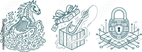 Phishing defense scottish kelpie wireframe tech icons in cyan and silver