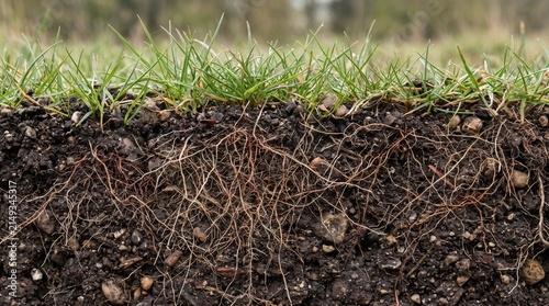 Close-up geological cross-section profile showing a dense network of grass roots and natural soil layers with pebbles, representing environmental sustainability and ecology.