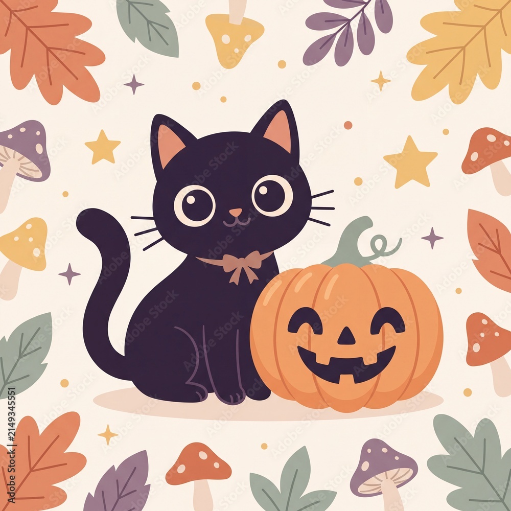 Fototapeta premium Cute black cat sitting with smiling halloween pumpkin, autumn leaves, and mushrooms, vector illustration