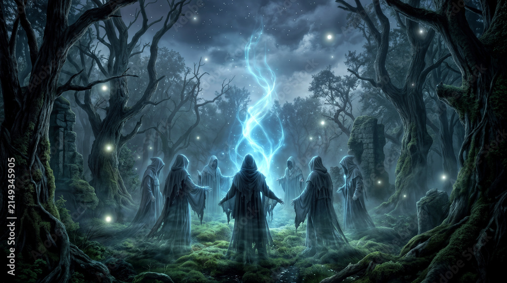 Naklejka premium Cloaked figures performing ritual in dark forest. Ethereal blue energy rising from center of circle in mystical woodland setting.