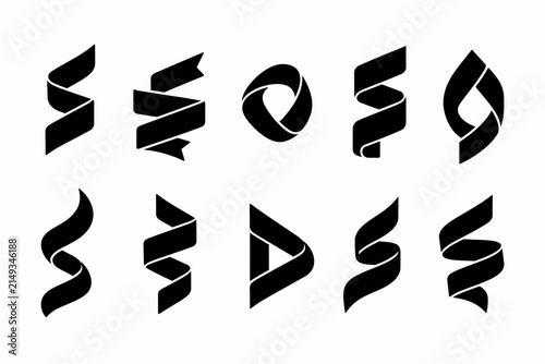 Ten black silhouette abstract shapes formed from twisted ribbon