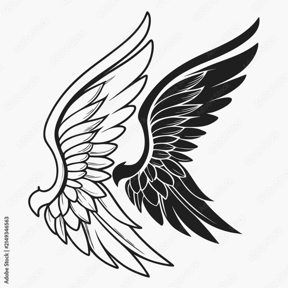 Obraz premium Angelic eagle bird wings spread black and white line art illustration with feathers illustration abstract majestic stylized