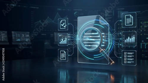 Digital document analysis with magnifying glass and data charts