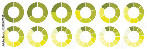 Circle pie chart diagram. Pie chart color icons. Colorful diagram collection with 2, 3, 4, 5, 6, 7, 8, 9, 10, 11, 12, 13 segment infographic pie chart icons.