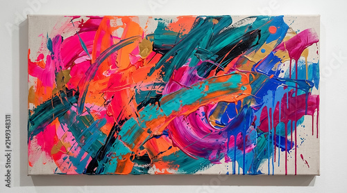 Photography Vibrant abstract expressionist painting with bold neon colors and dynamic textur