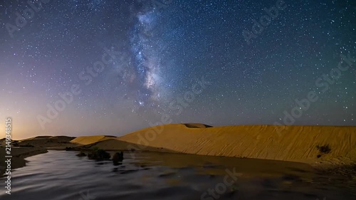 Milky Way over desert oasis and sand dunes.