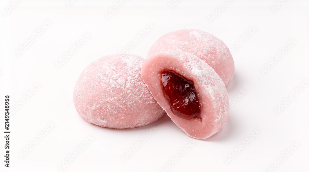 Fototapeta premium Fresh strawberry mochi dessert with soft pink rice dough