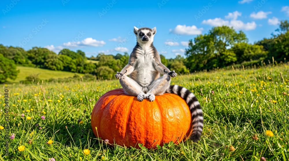 Fototapeta premium Ring Tailed Lemur Meditating In Lotus Pose On Giant Autumn Pumpkin