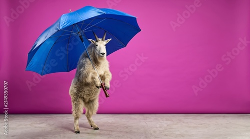 Whimsical Mountain Goat Holding Blue Umbrella Quirky Surreal Studio Conceptual Portrait