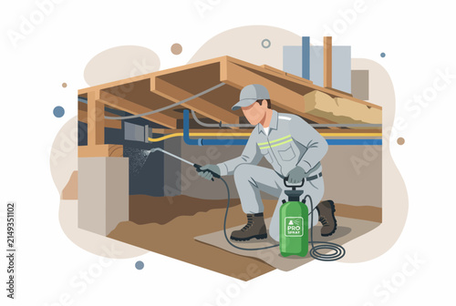 Professional Pest Control Technician Spraying Crawl Space Under House