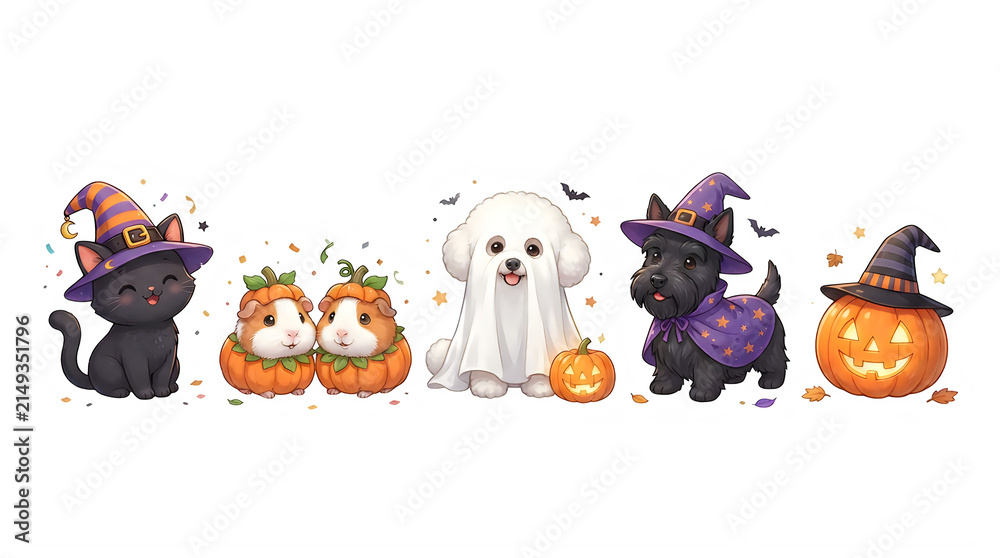 Fototapeta premium Cute cartoon animals dressed in costumes for a fun halloween celebration isolated on transparent background