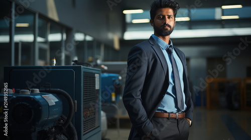 office employee wearing formal clothes, standing near a diesel generator. Bright environment