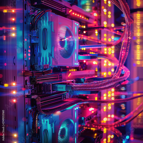 computer working and fiber cable ar glowing