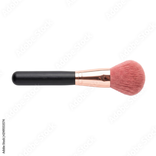 Professional makeup brush with pink bristles and rose gold ferrule on a black handle