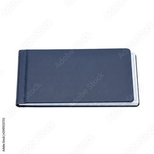 Canvastavla Closed navy blue leather checkbook register with white pages inside