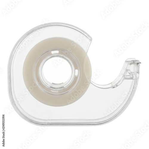 Foto Clear adhesive tape dispenser with a roll of transparent tape on an isolated whi
