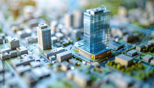 Miniature city scale model with glass office buildings.