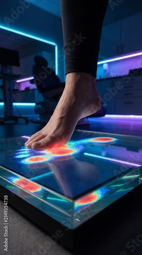 Bare foot stepping onto digital podobarometric pressure scanner