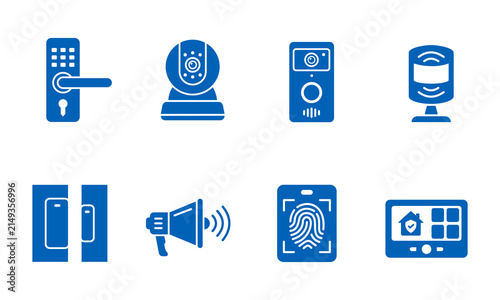 Smart Home Security Icon Set Featuring Door Lock, Camera, Motion Sensor, and Alarm Siren on Transparent Background