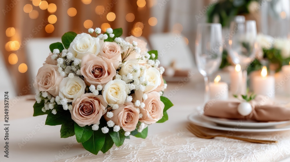 Obraz premium A beautiful bouquet of roses and jasmine on a table, with delicate petals and gold plates, sets a romantic scene