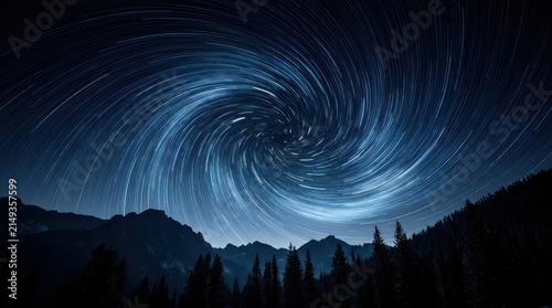 Hyper-Realistic Star Trail Vortex over Mountains: Blue White Spiral Lines, Dark Tree Silhouette, Mysterious Vast Spacetime Atmosphere
