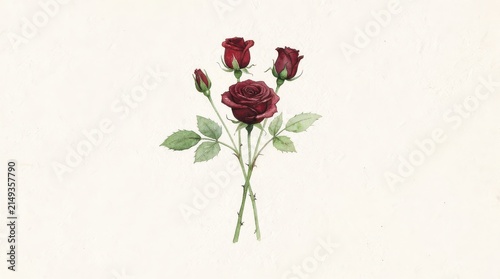 Fresh Watercolor Rose Illustration: Low Saturation Blooms and Dark Green Stems on Orange Red Paper, Minimal Healing Art