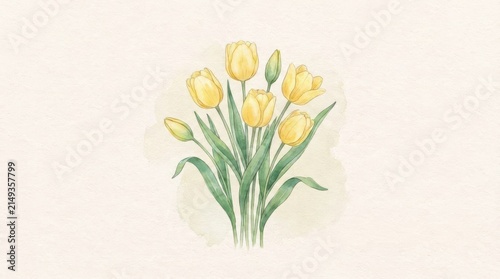 Fresh Watercolor Tulip Illustration: Soft Blooms and Green Leaves on Cream Paper, Minimal Healing Art