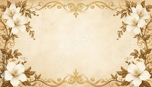 Luxury Botanical Invitation Background with Elegant White Flowers and Decorative Vintage Golden Frame