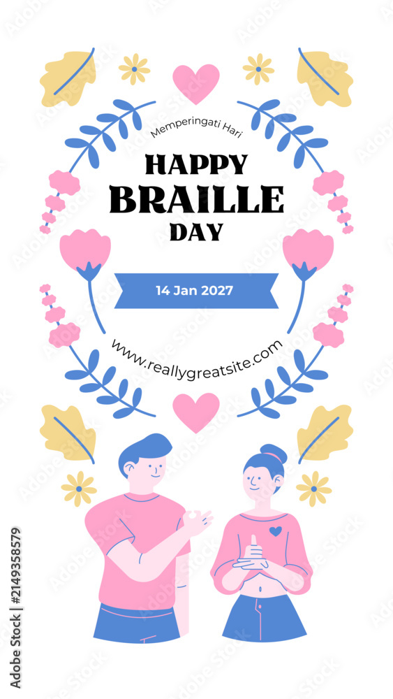 Fototapeta premium Inclusive education vector greeting card for World Braille Day celebration in January 2027