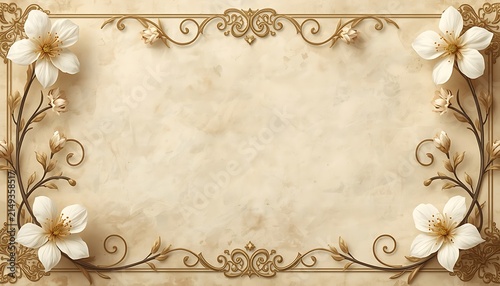 Classic Floral Wedding Invitation Border with Antique Golden Scrollwork and Elegant Cream Paper Texture