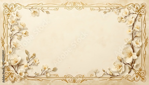 Elegant Antique Floral Scroll Frame with White Blossom Border on Vintage Parchment Background for Wedding Invitation Design
