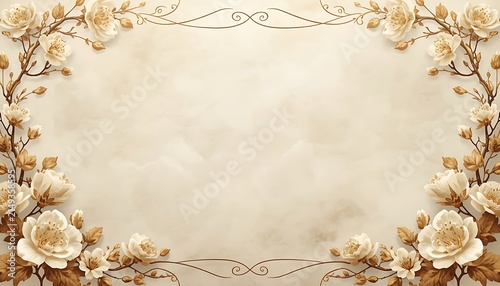 Luxury Golden Ornamental Floral Border with White Spring Flowers on Classic Vintage Paper Background Template