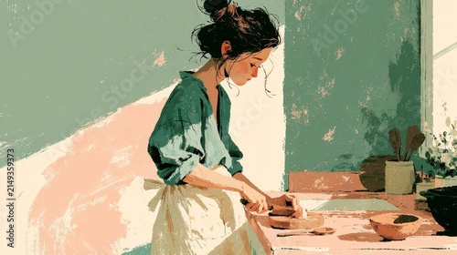 Artistic illustration of a woman cooking in a pastel-toned kitchen, wearing a green shirt and apron. The sunlight streams in adding a warm, calming ambiance.