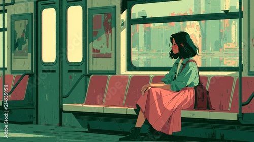 Stylized artwork of a woman seated alone in a green-toned metro interior. The scene captures a solitary moment, featuring vibrant cityscape views through the windows.