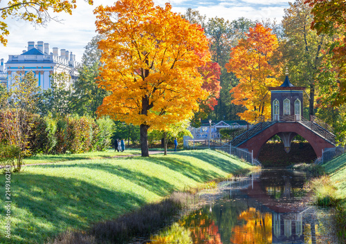 Cross bridge in autumn in Alexander park, Tsarskoe Selo (Pushkin), Saint Petersburg, Russia