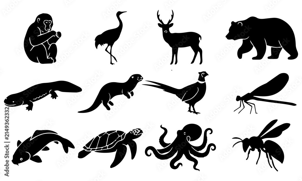 Obraz premium Stylized animal silhouette vector illustration set