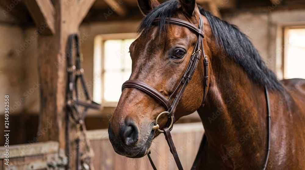 Obraz premium Close up portrait of a bay Dutch Warmblood horse wearing a leather bridle. Brown equine head in a wooden stable. Equestrian tack and riding equipment