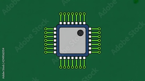 Digital Illustration of a Microchip Integrated Circuit Processor on Green Printed Circuit Board